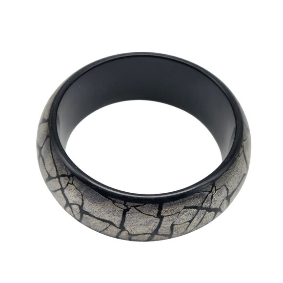 Black Silver Cracked Pattern Resin Bangle Bracelet Art Jewelry - Picture 2 of 5